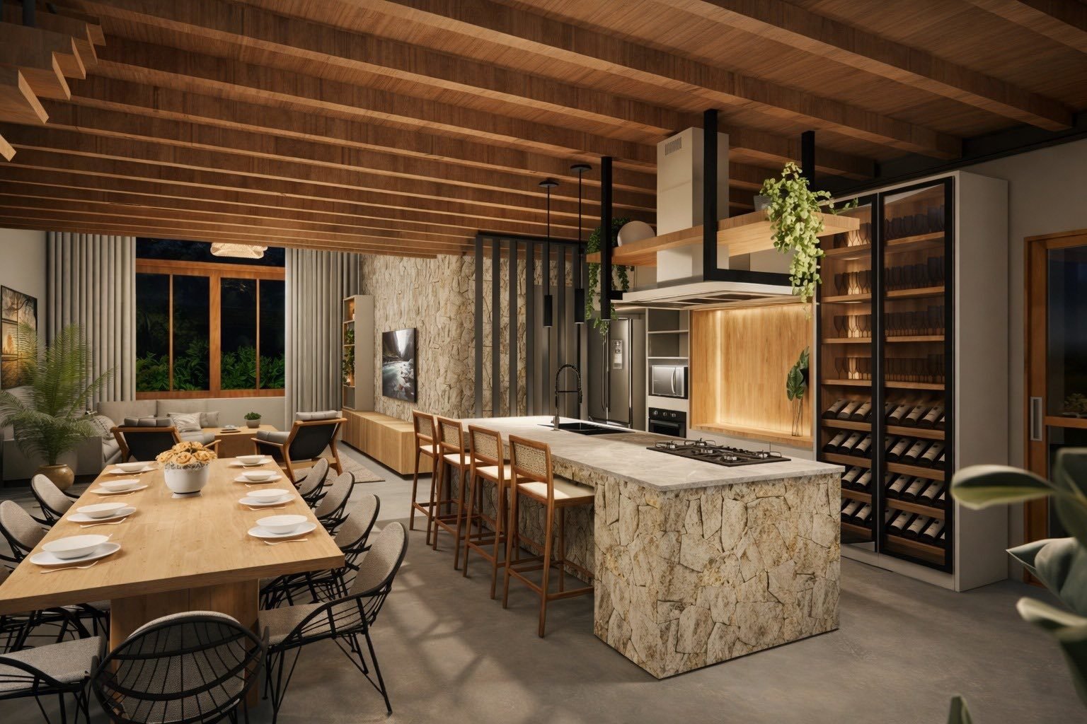 Open-plan kitchen and dining, turnkey execution
